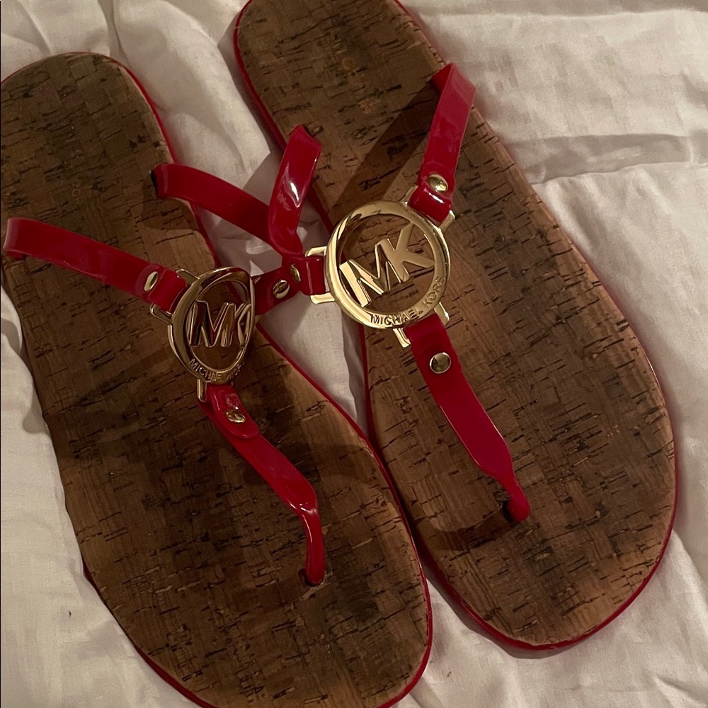 Michael Kors Red Patent Logo Cork Thong Sandals with Gold Emblem